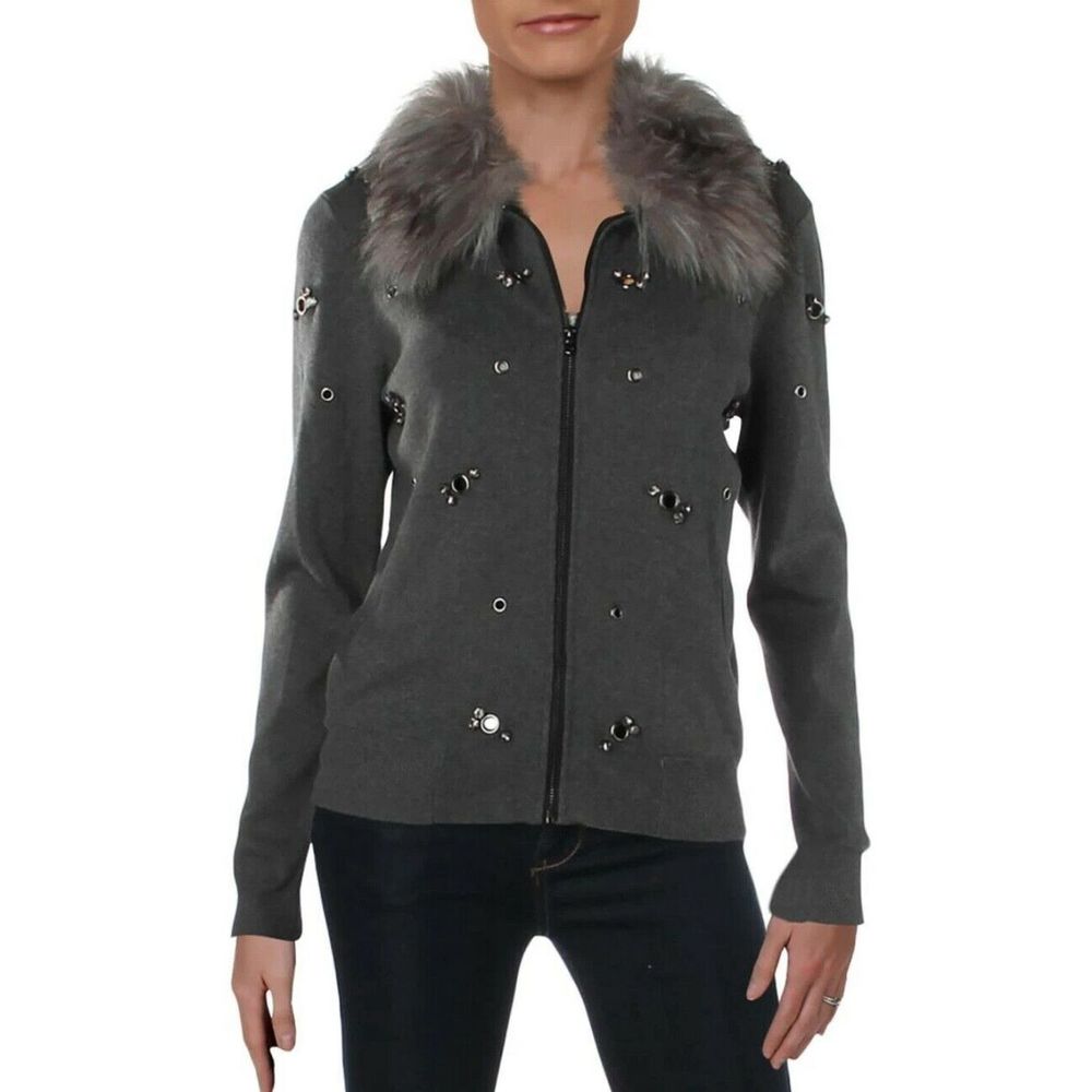 Le Gali Paige Faux Fur Grommet Zip Cardigan NWT